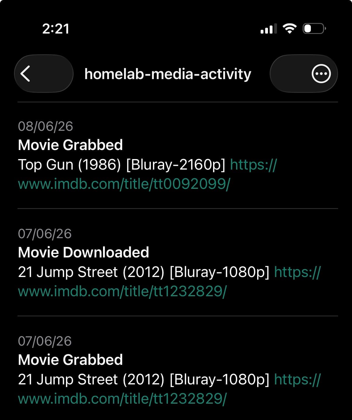 homelab-media-activity topic showing Movie Grabbed and Movie Downloaded notifications from Radarr