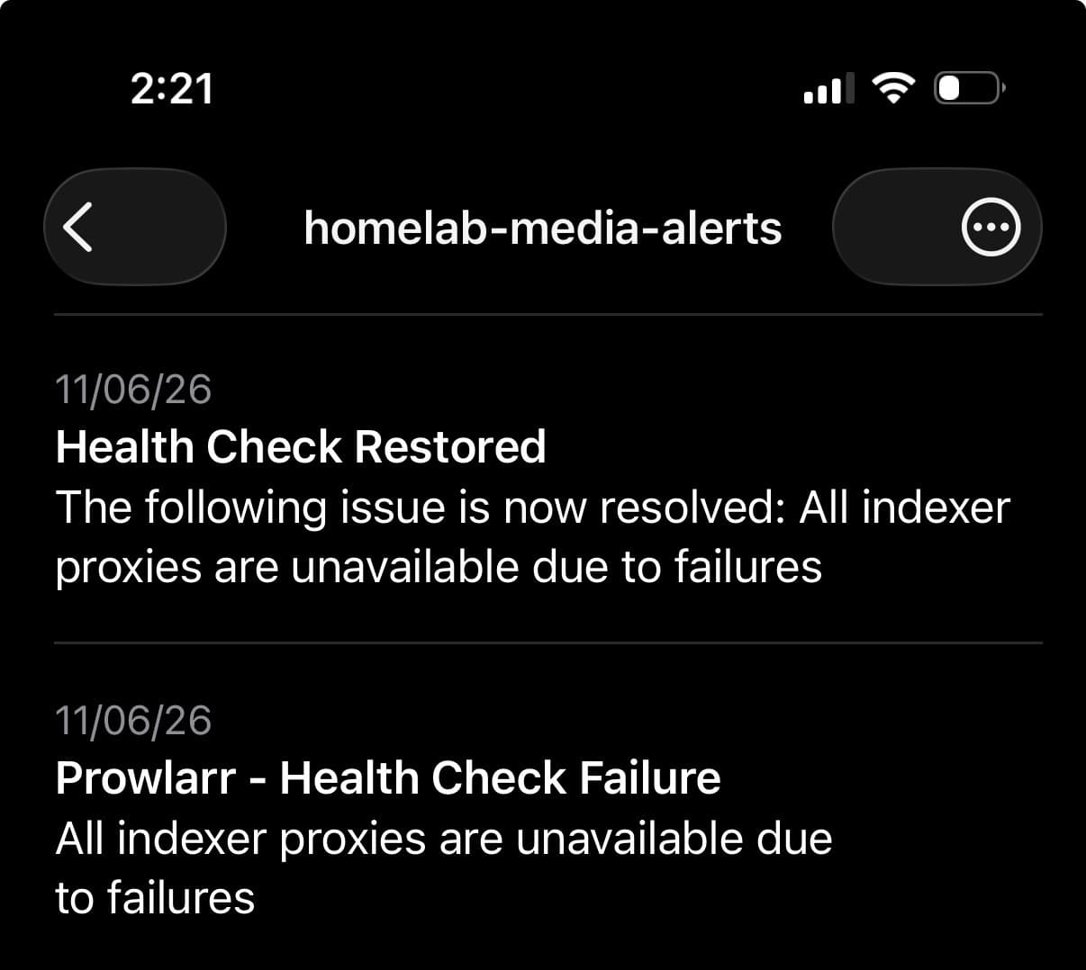 homelab-media-alerts topic showing Prowlarr Health Check Failure and Health Check Restored notifications