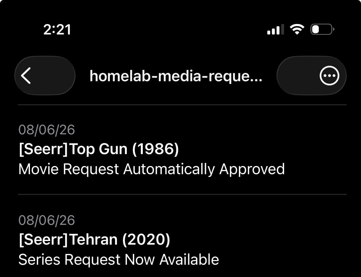 homelab-media-requests topic showing Overseerr request approved and available notifications